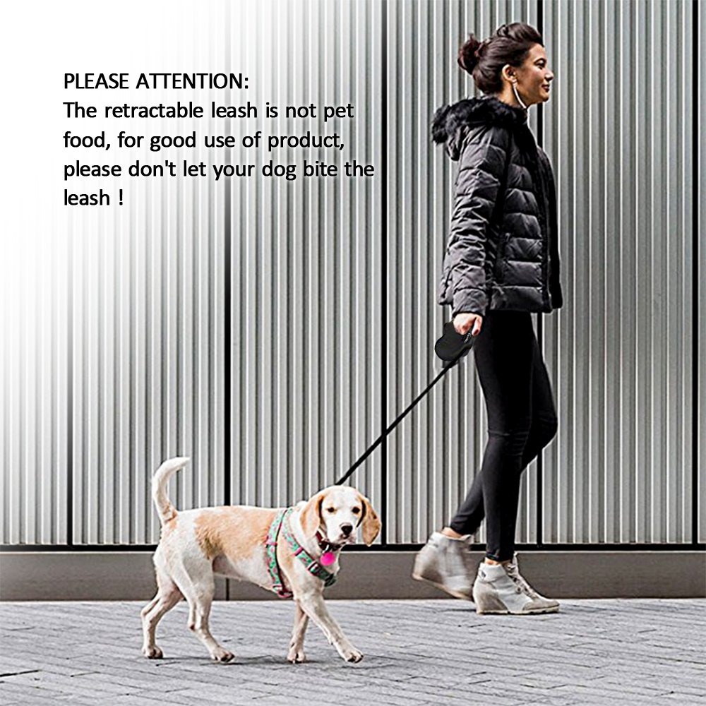 WINSEE Retractable Dog Leash 5M Extendable Leads for Small Medium Dogs One Button Lock with Reflective Belt Black