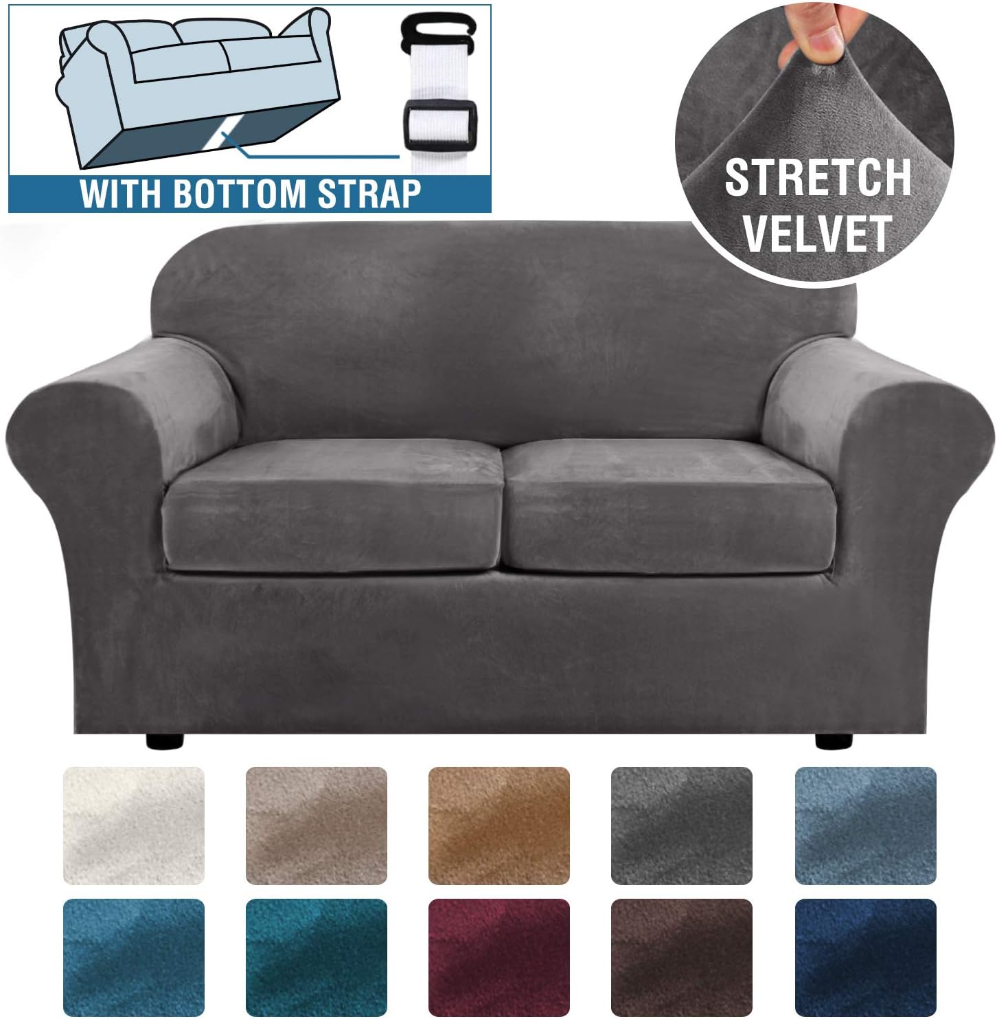 H.VERSAILTEX Real Velvet Plush 3 Piece Stretch Sofa Cover Velvet-Sofa Slipcover Loveseat Cover Furniture Protector Couch Soft Loveseat Slipcover for 2 Cushion Couch with Elastic Bottom(Loveseat,Gray): Kitchen & Dining