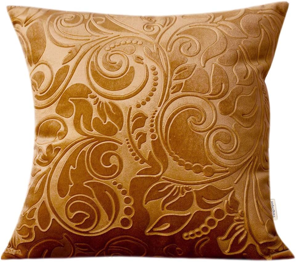 TangDepot Heavy Velvet Embossing Throw Pillow Cover, Classis Floral Anaglyph Velvet Fabric, Euro Sham, European Throw Pillow Cover, Indoor/Outdoor - (26" x 26", C12 Golden Camel)