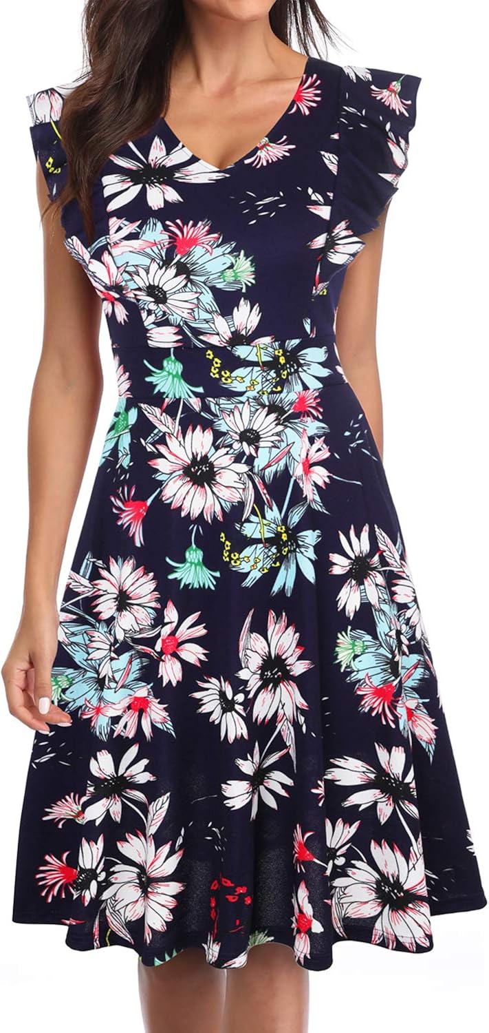 OWIN Women's Vintage Ruffle Floral Flared V Neck Swing Casual Cocktail Party Dresses with