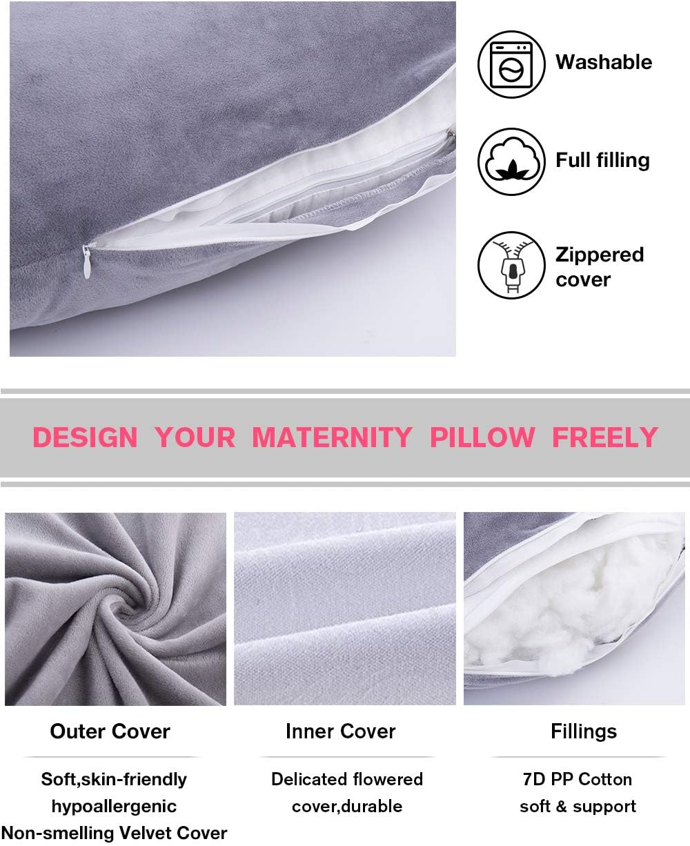 AS AWESLING 60in Full Body Pillow | Nursing, Maternity and Pregnancy Body Pillow | Extra Large U Shape Pillow and Lounger with Detachable Side, Separate Support Pillow and Removable Cover (Grey)…: Home & Kitchen