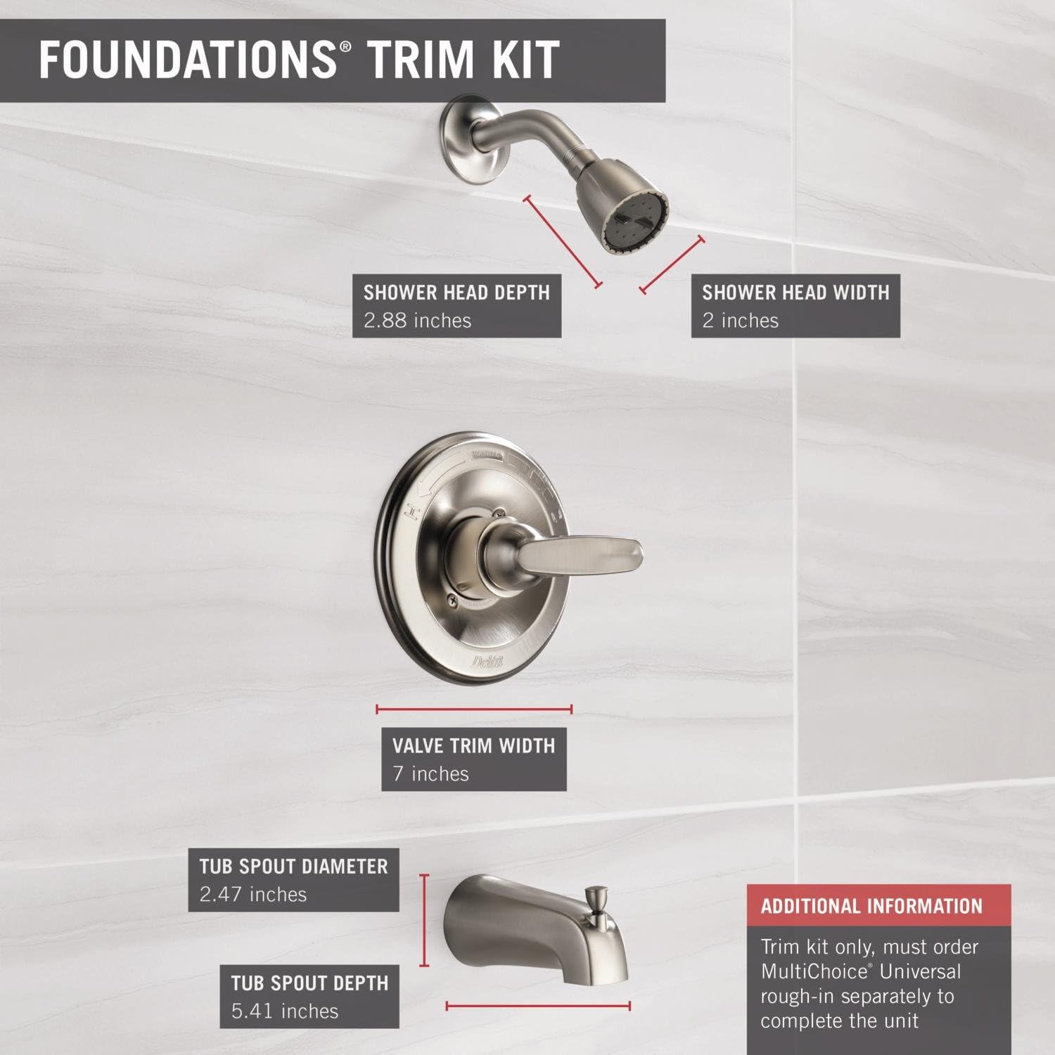Delta Faucet Foundations Single-Function Tub and Shower Trim Kit with Single-Spray Shower Head, Stainless BT13410-SS (Valve Not Included) - Tub And Shower Faucets - 