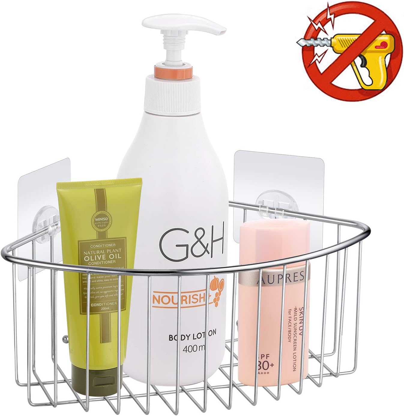 MaxHold Traceless Self Adhesive Corner Basket, Stainless Steel Shower Caddy Never Rust, Bathroom