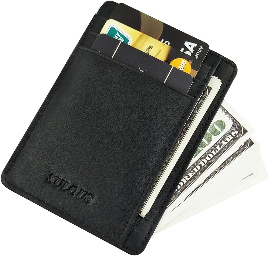 RFID Blocking Minimalist Genuine Leather Front Pocket Wallet, Slim Money Clip, Card Holder (Black)