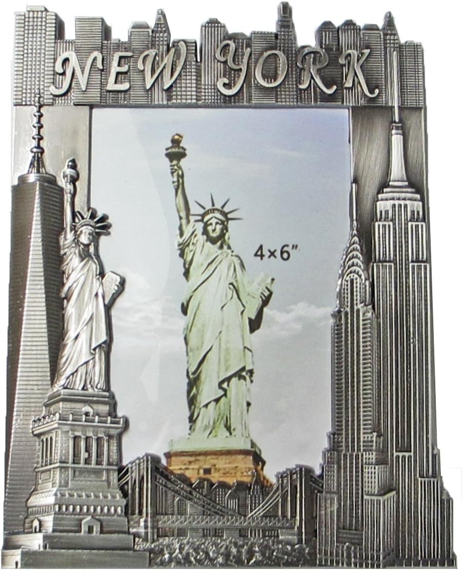 New York Souvenir Metal Pewter Picture Frame with Statue