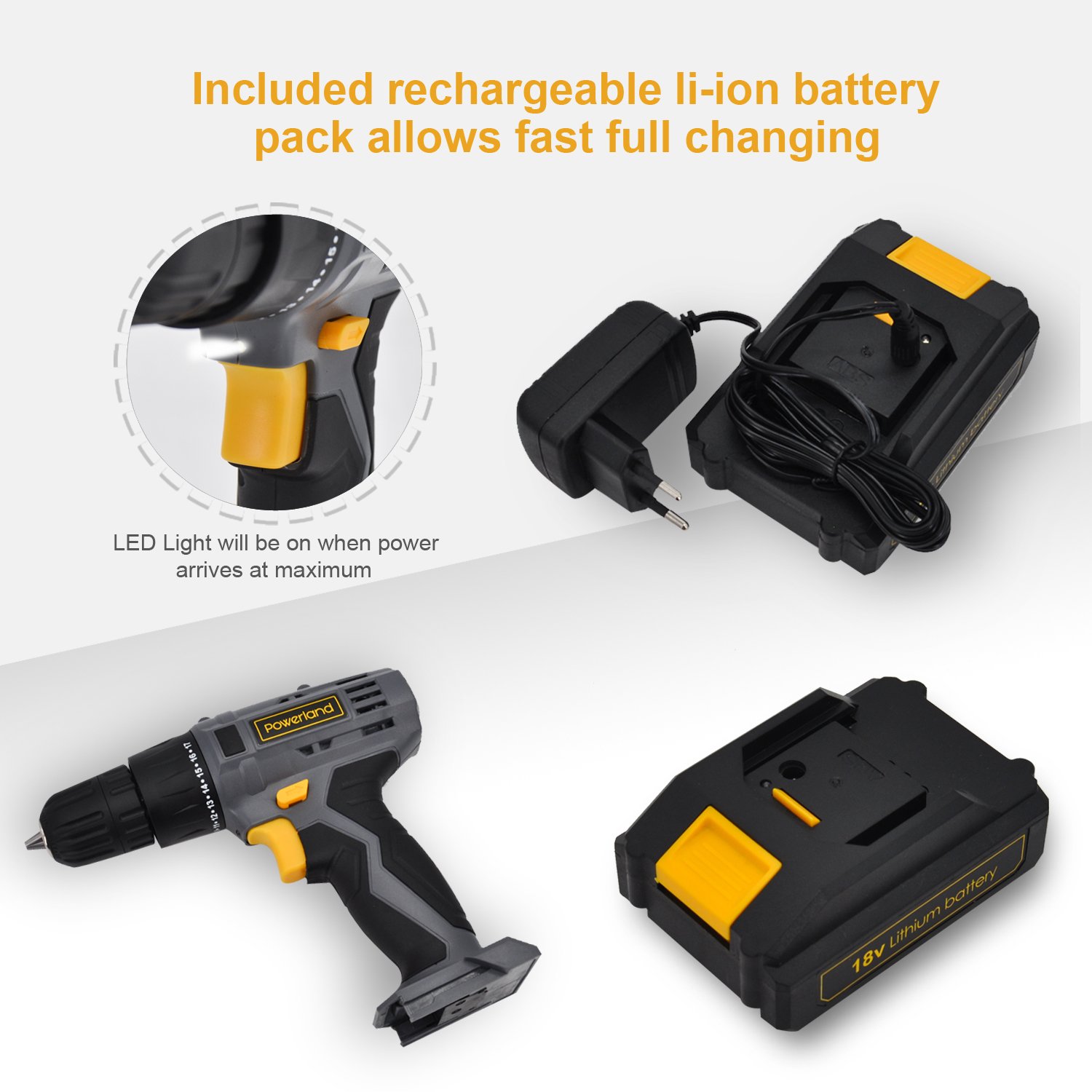 Powerland Perceuse visseuse sans fil TC-CD (Li-lon, 18V,,1 vitesses, Mandrin amovible monobloc (10 mm), Eclairage LED, Livré en coffret + chargeur rapide)