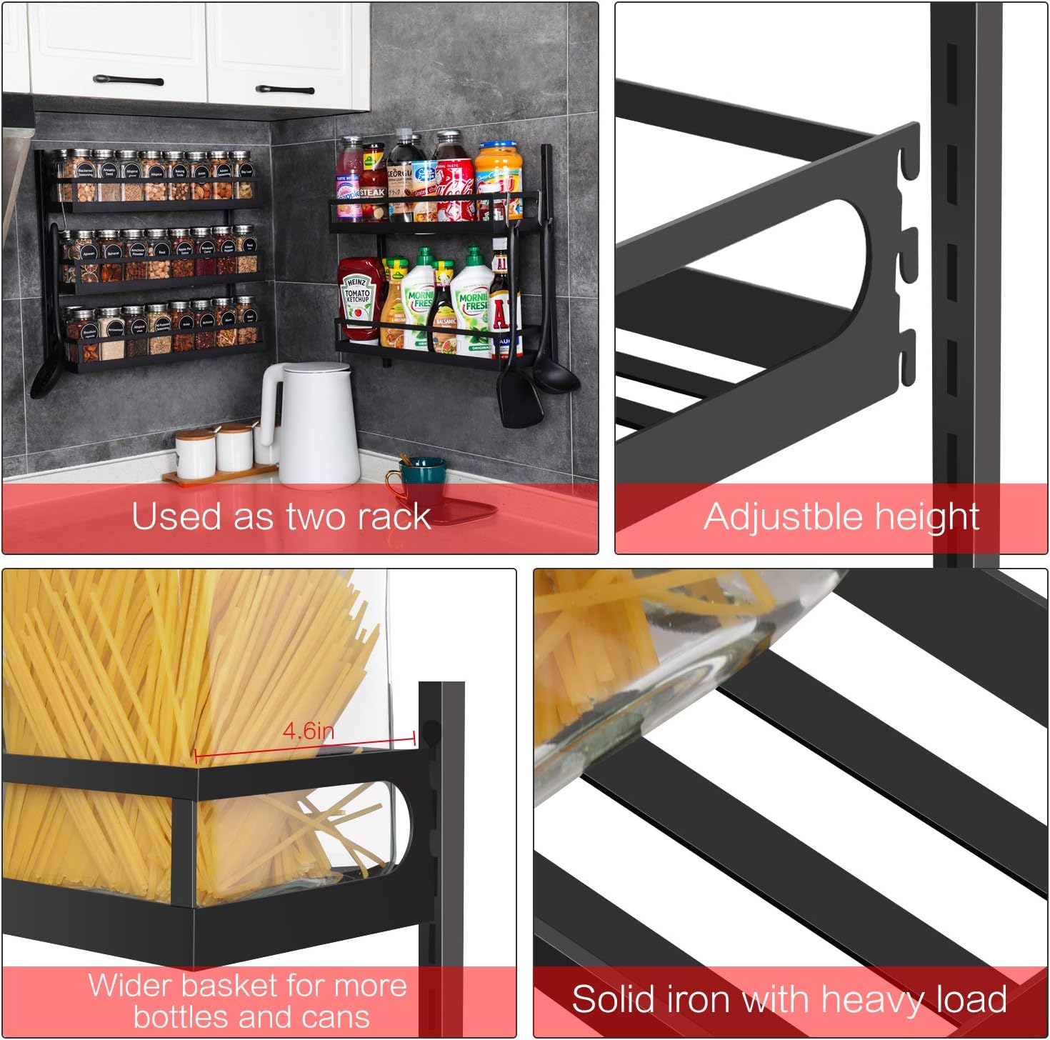 X-cosrack Wall Mount Spice Rack Organizer 5 Tier Height-Adjustable Hanging Spice Shelf Storage for Kitchen Pantry Cabinet Door, Dual-Use Seasoning Holder Rack with Hooks, Black-Patent Pending: Home Improvement
