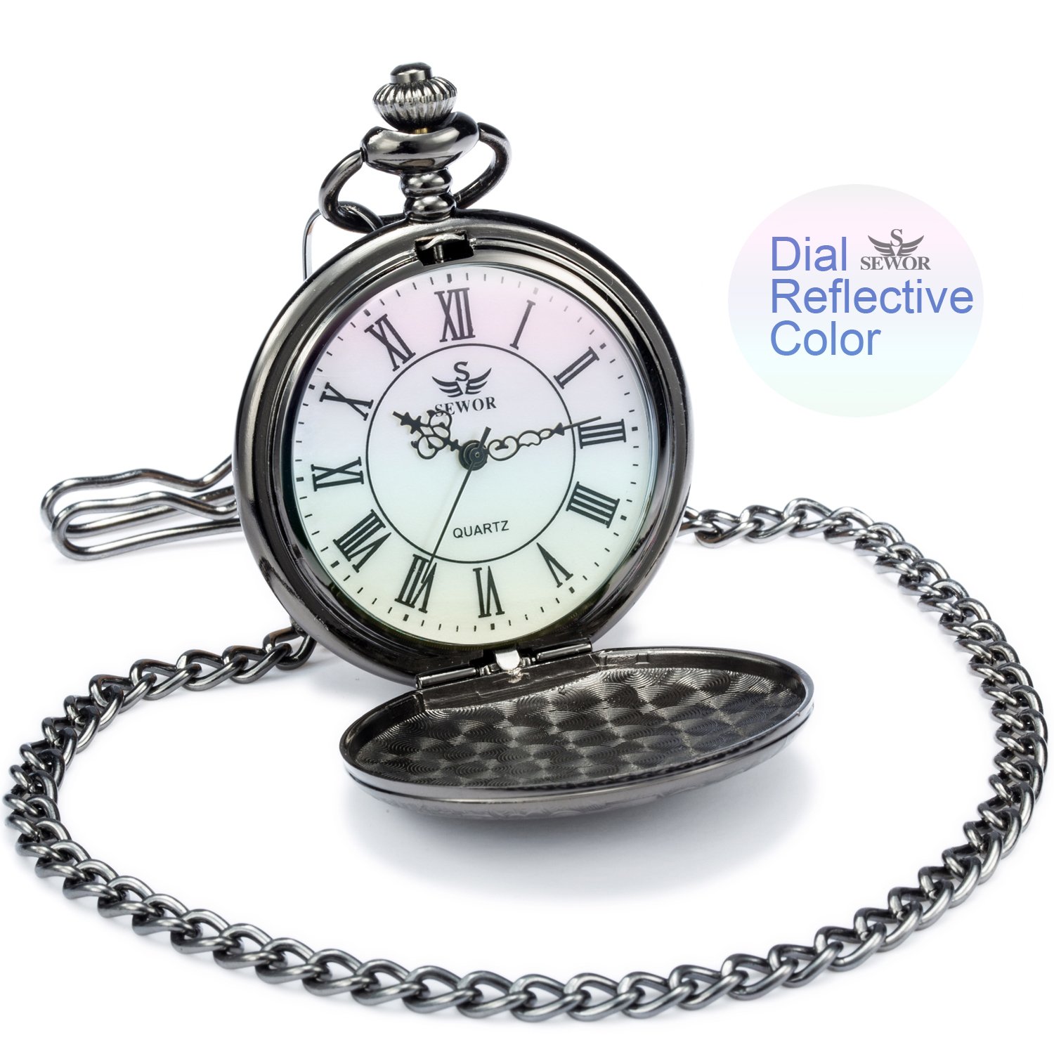 SEWOR Nice Quartz Pocket Watch Shell Dial Gold Smooth Case with Two Type Chain(Leather+Metal) (Black)