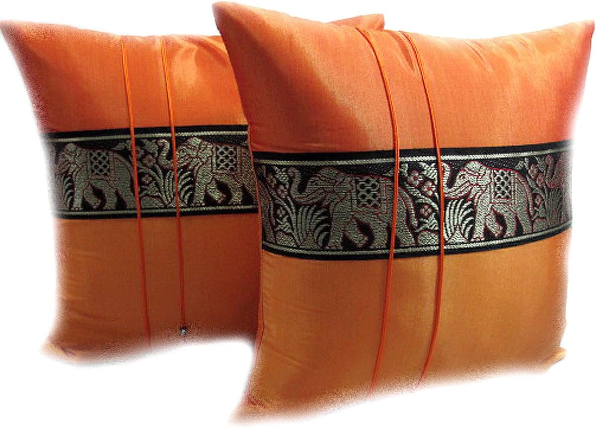 One Pair Elephant Middle Stripe Throw Cushion Cover/Pillow Sham Handmade by Satin and Thai Silk for Decorative Sofa, Car and Living Room Size 16 X 16 Inches