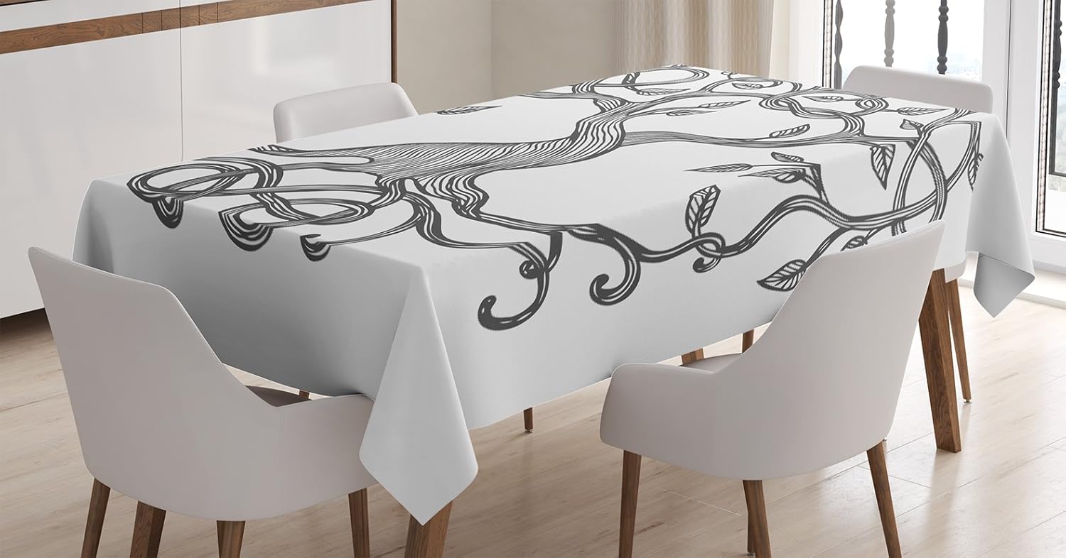 Ambesonne Celtic Decor Tablecloth, Sketchy Figure of a Single Celtic Tree of Life with Swirly Long Branches and Roots Print, Dining Room Kitchen Rectangular Table Cover, 60 X 84 inches, Black White