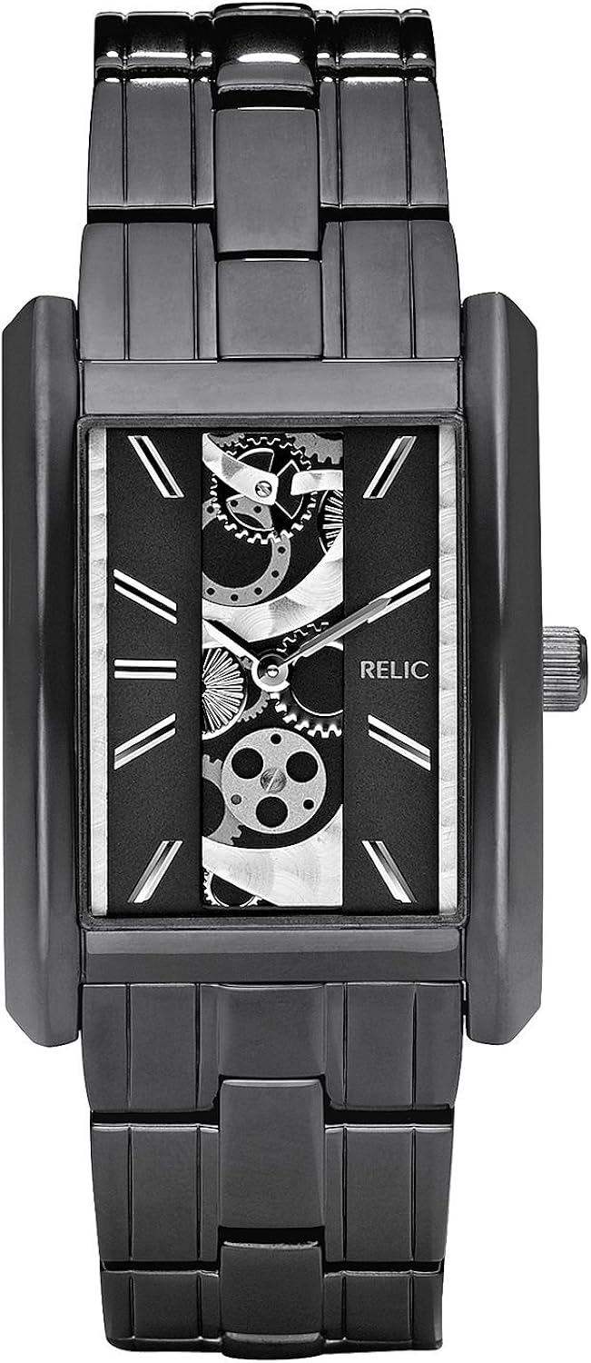 Relic by Fossil Mens Rectang Skeleton Dial Black Gunmetal Quartz Watch ZR77133 Amazon.ca Watches