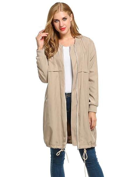 Zeagoo Damen Lange Bomberjacke Longline Jacke mit Kordelzug
