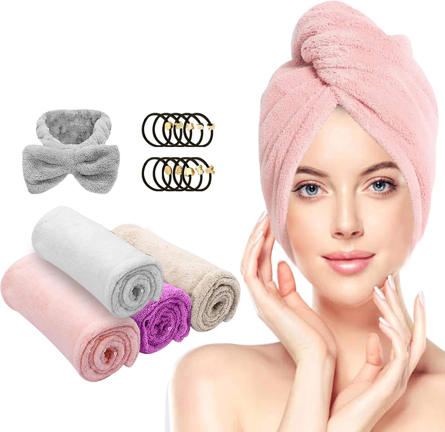 Farsaw Hair Towel Wrap, 4+1 Packs Microfiber Hair Towel Hair Turbans for Wet Hair, Ultra Absorbent Fast Hair Drying Towel for Women, Extra 10 PCS Gifts: Kitchen & Dining