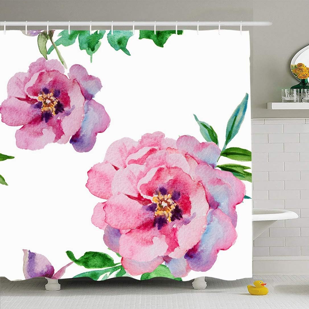 Ahawoso Shower Curtain Set with Hooks 72x72 Love Pink Petal Spring Blossom Violet Blooms Peony Colorful Watercolor Bud Nature Gentle Textures Waterproof Polyester Fabric Bath Decor for Bathroom