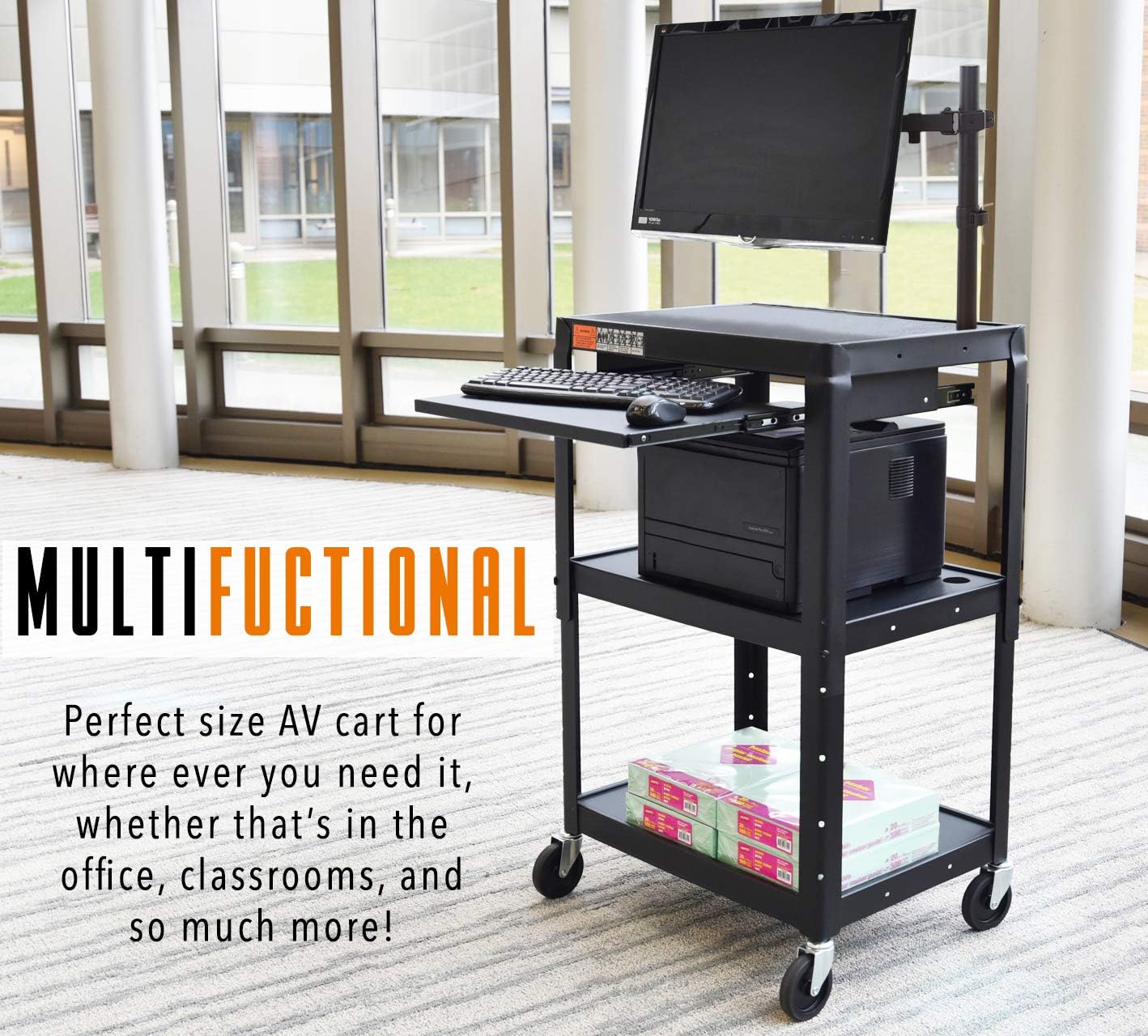Line Leader AV Cart with Keyboard Tray and Monitor Mount - Mobile Workstation/Presentation Cart with Monitor Arm - Take Your Office On-The-Go with Our Stand Up Computer Cart (Black / 24 x 18) : Office Products