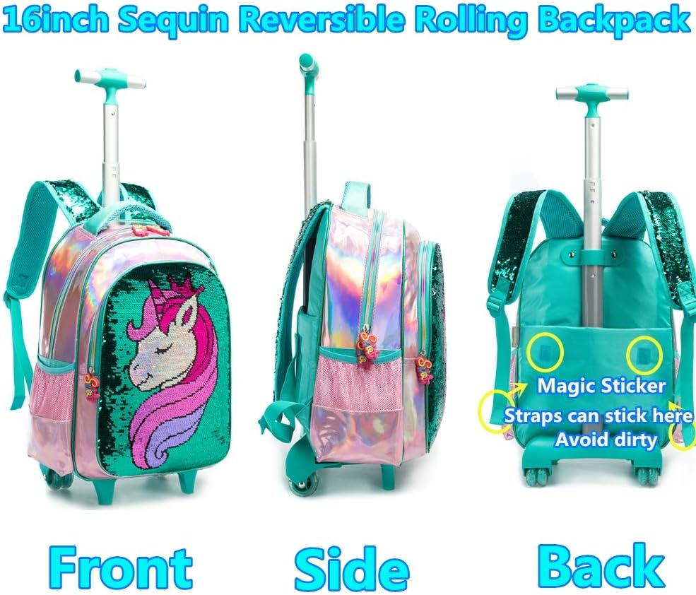 HTgroce Kids Girls Backpack Magic Reversible Sequin Trolley Bag Girls Boys School Bag Children's Backpack Rolling Backpack with Wheels School Rucksack with Lunch Box Unicorn Green - Image 5
