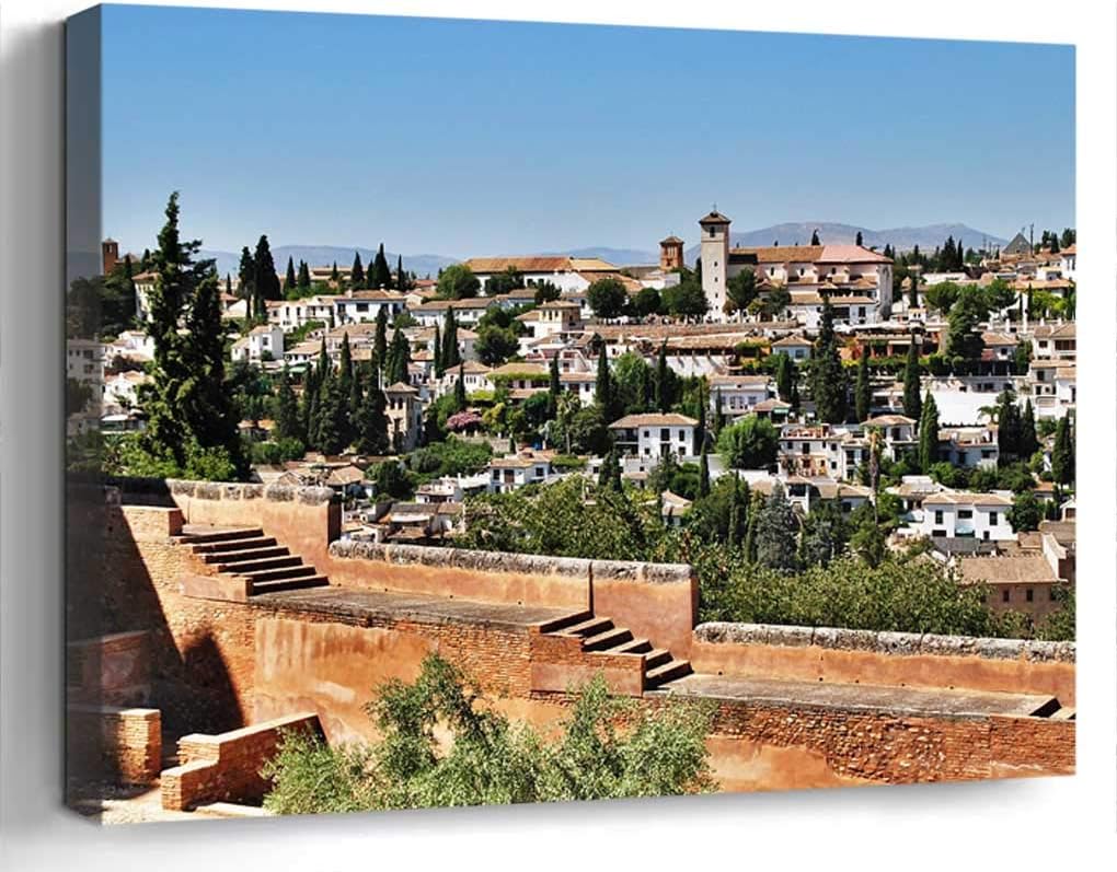 Amymami Wall Art Print Canvas Framed Artwork Home Decor(20x16 in)- Granada Spain City Hill Architecture Tourism