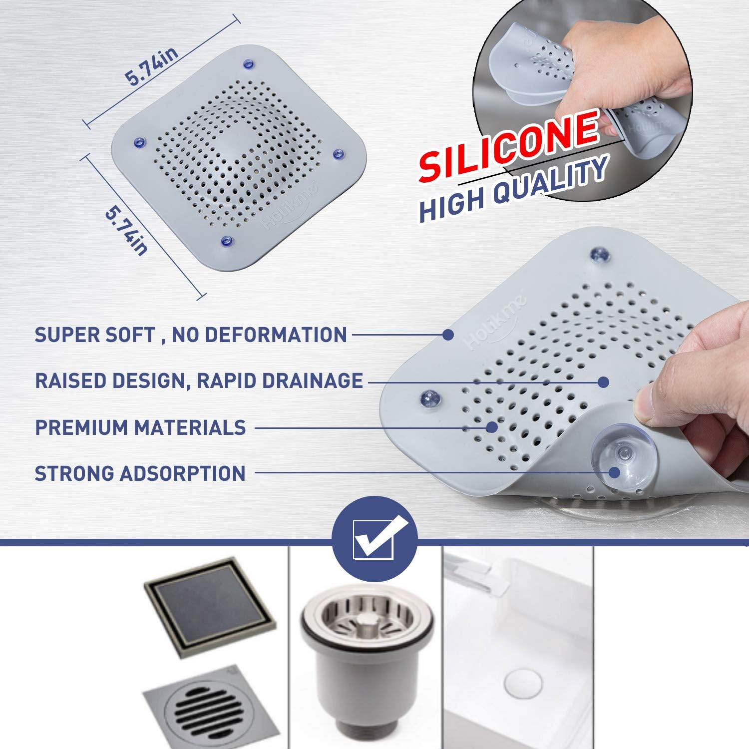 Holikme Drain Hair Catcher Shower Drain Cover Strainer, 2 Pack Silicone Drain Protector with 12 Detachable Suckers, Shower Drain Hair Trap for Tub,Bathroom,Kitchen,Bathtub,Basin, Grey/Grey: Kitchen & Dining