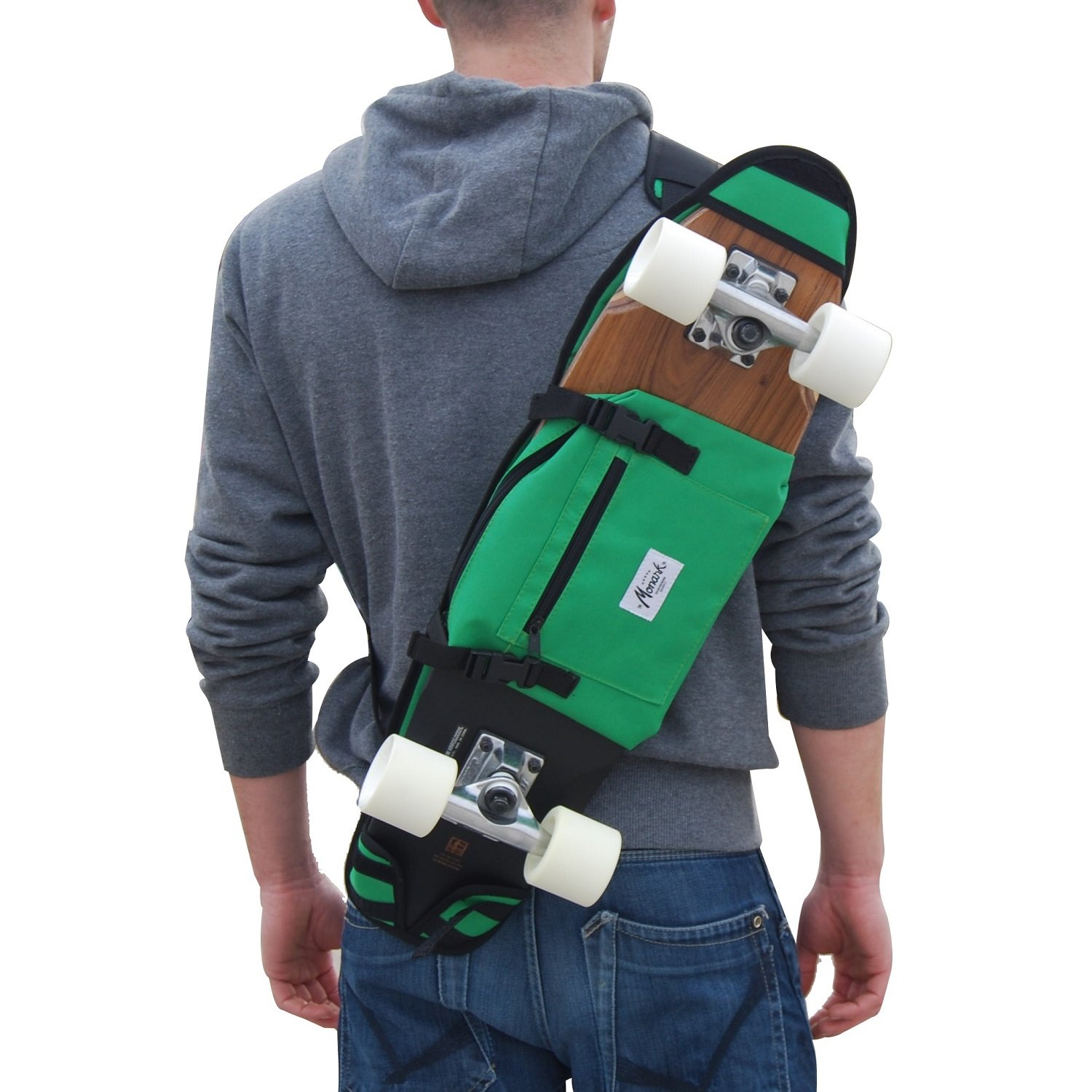 plastic skateboard, backpack, green 
