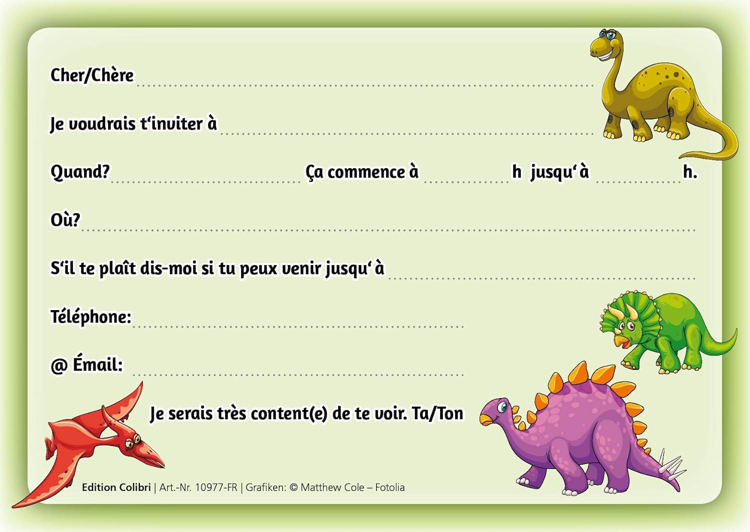 Fr Edition Colibri Lot De 10 Cartes D Invitation Dinosaures En Francais Pour Un Anniversaire D Enfant Ou Pour Une Fete Sur Le Theme De La Prehistoire Des Decorations Et Accessoires De Fetes Fr Edition Colibri Lot De 10 Cartes D Invitation Dinosaures En Francais Pour Un Anniversaire D Enfant Ou Pour Une Fete Sur Le Theme De La Prehistoire Des Decorations Et Accessoires De Fetes
