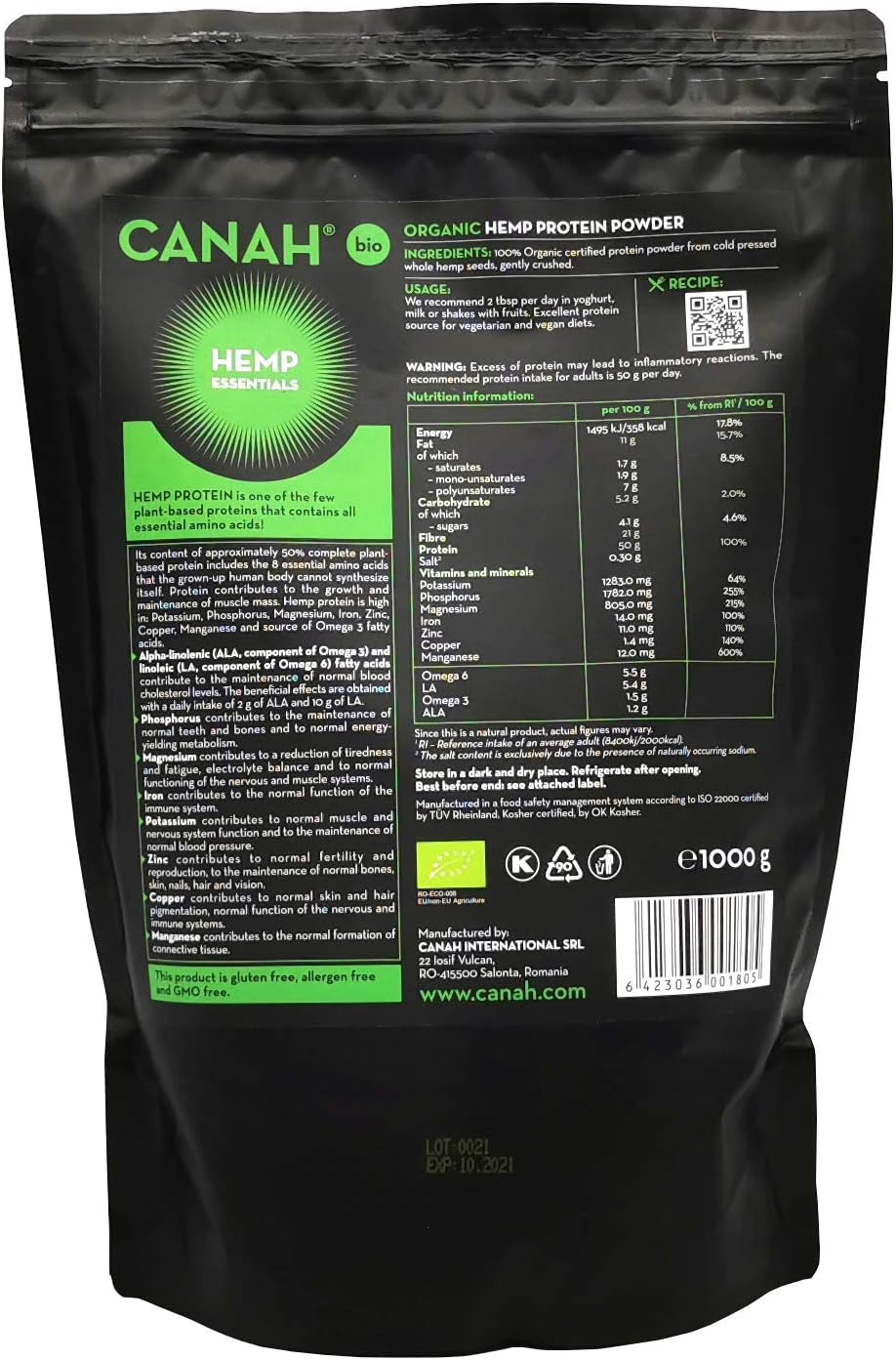 Canah® Organic Hemp Protein Powder 1kg Vegan, High in Protein, Fibre, Omega 3 & Omega 6, Amino Acids, Vitamins and Minerals - Image 3