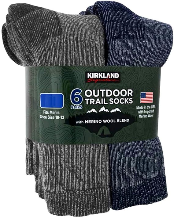 Kirkland Signature Mens 6 Pack Merino Wool Blend Trail Socks Grey/Navy