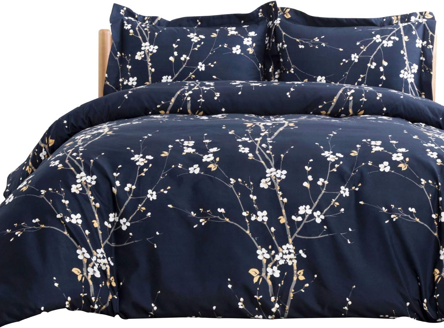 Bedsure Spring Bloom Pattern Bedding Set Full/Queen (90x90 inches) Duvet Cover Set Navy Printed Modern Comforter Cover-3 Pieces-Ultra Soft Hypoallergenic Microfiber: Home & Kitchen