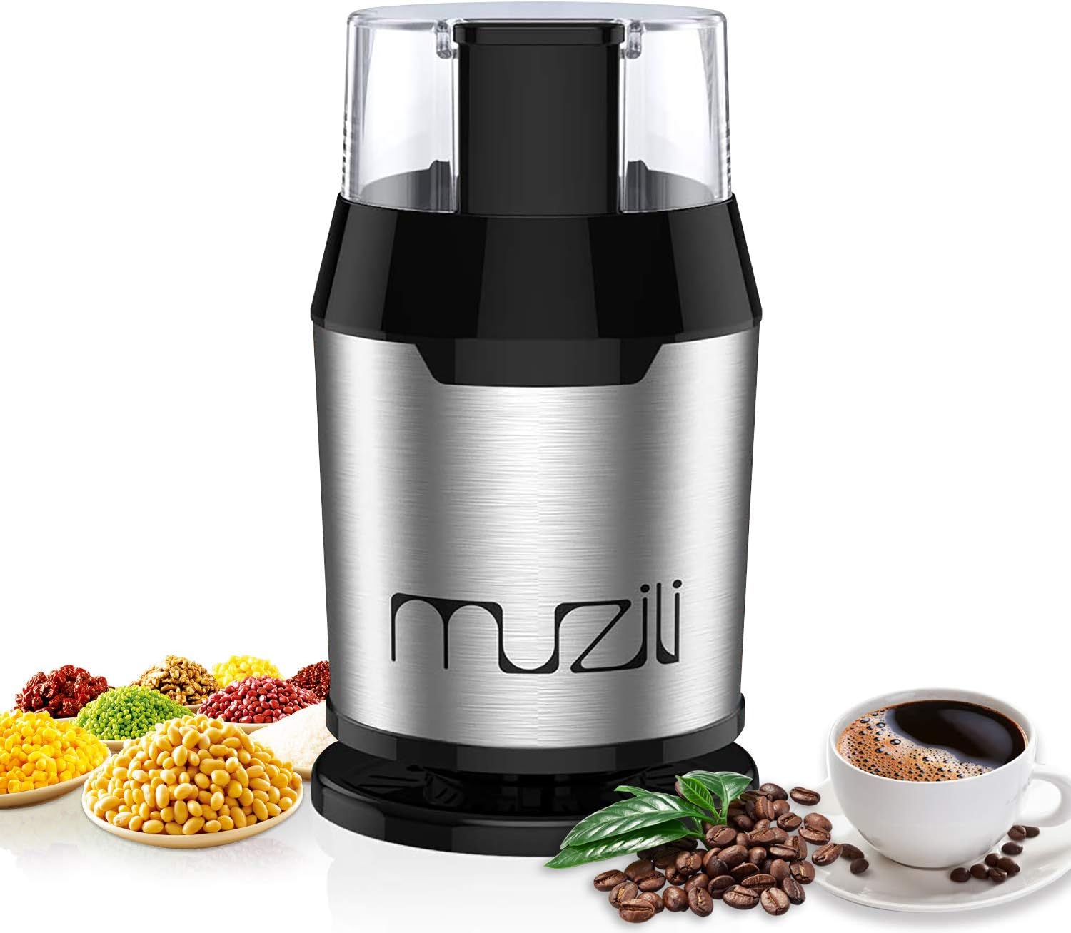 Muzili Elektrische Kaffeemühle, Kaffeemühle Kaffeebohnen Nüsse Gewürze Getreide Mühle, 60 dB Geräuscharm,50ml Fassungsvermögen, mit Reinigungsbürste