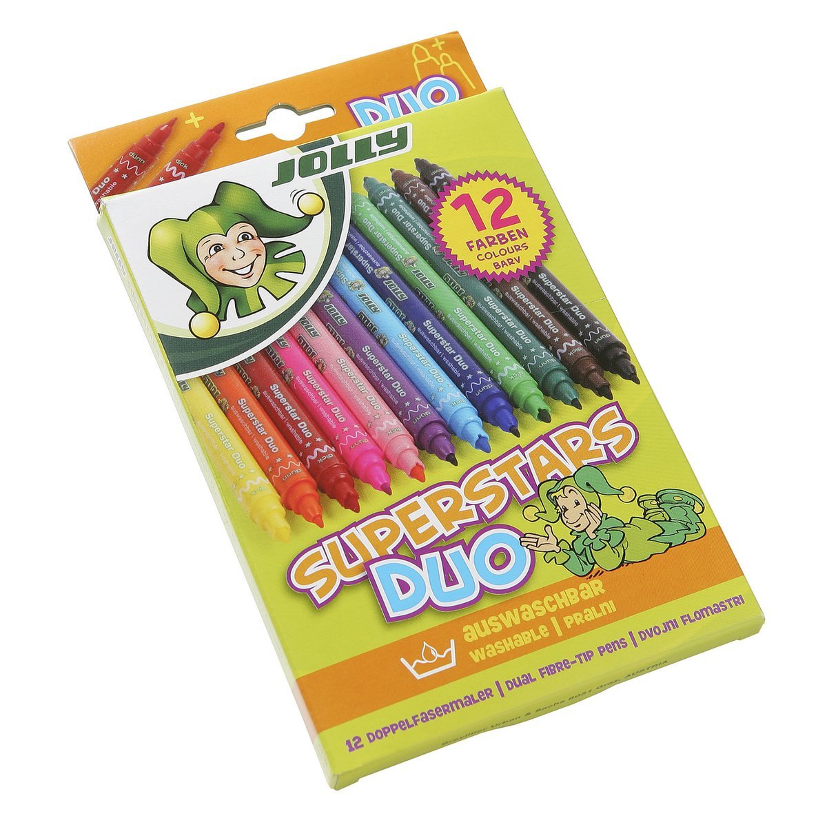 JOLLY Superstar Duo Fasermaler 12er-Set – Mit Dicker & Dünner Spitze, Auswaschbar, Made In Austria | Für Kinder & Kreative, Brillante Farben