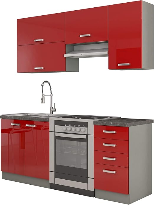 Mirjan24 Kuche Multiline Ii 180 Cm Kuchenblock Kuchenzeile Mit Arbeitsplatte Und Spuhlbecken 5 Schrank Module Frei Kombinierbar Grau Rot Hochglanz Amazon De Kuche Haushalt