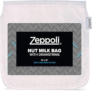 Zeppoli Nut Milk Bag - Wide Opening 12 x 12 Inches Reusable Almond Milk Bag and Food Strainer with Drawstrings - Fresh Cold Brew Coffee Filter and Fine Mesh Nylon Cheesecloth (1 Pack)