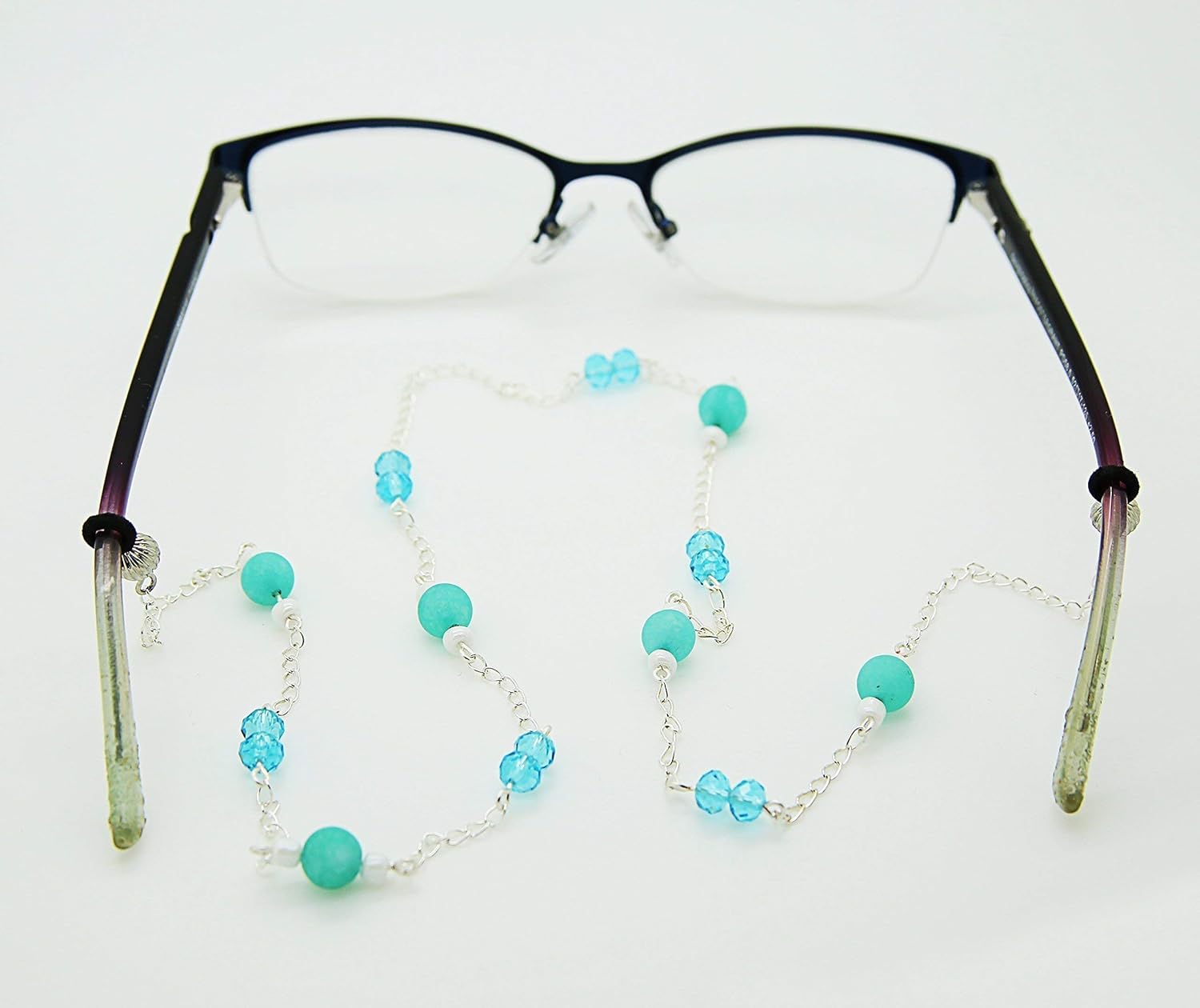 Blue Lanyard for reading glasses, Sterling Silver Chain