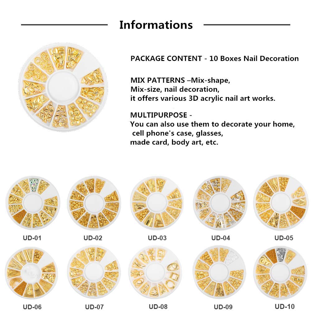 QIDUN 3D Nail Art Charms Accessories Gold Metal Punk Star Moon Heart Triangle Square Rivet Gems Nail Art Jewels Decal for Girl Fingernails & Toenails Decorations Tips Manicure 10 Boxes (Gold): Arts, Crafts & Sewing