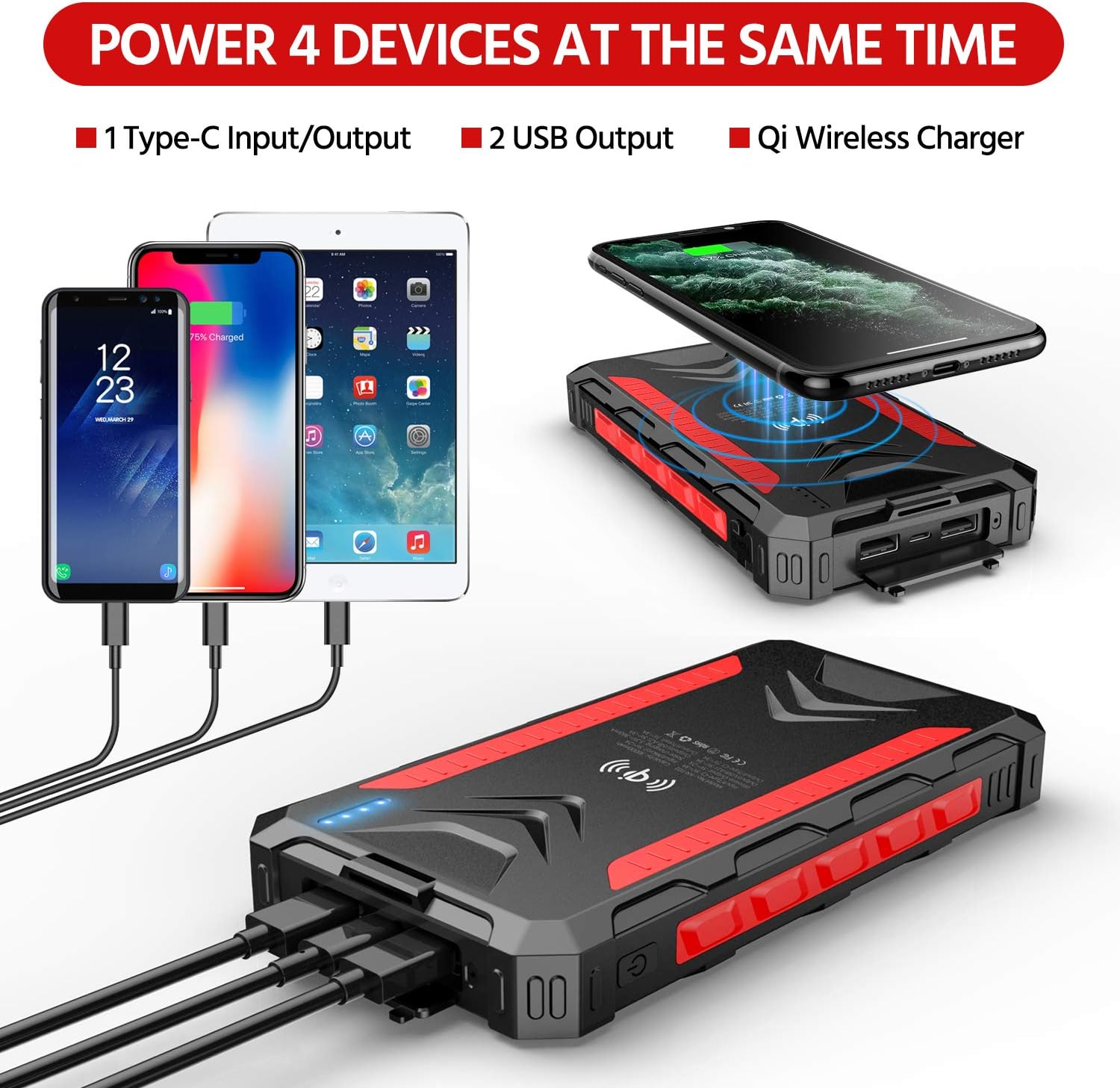 Solar Power Bank 30000mAh, Solar Charger, Qi Wireless Charger, Outputs 5V/3A High-Speed & 2 Inputs Huge Capacity Phone Charger for Smartphones, IP66 Rating, Strong Light LED Flashlights