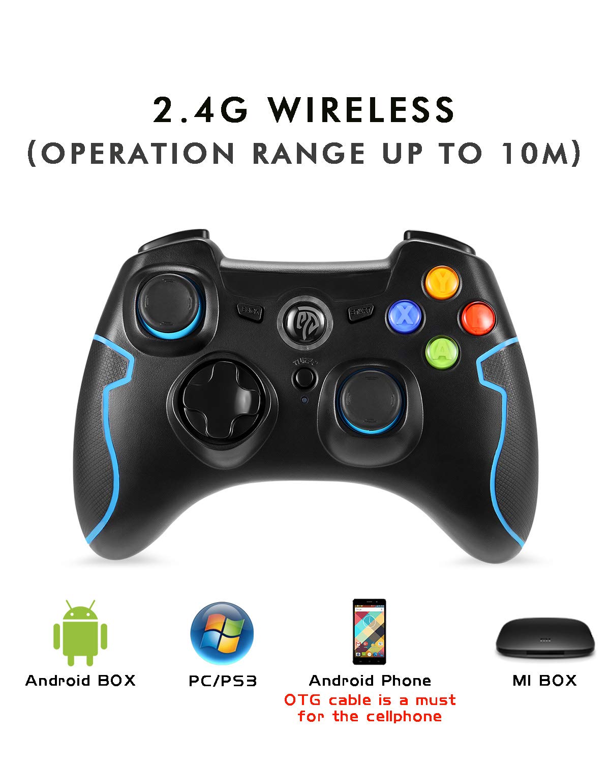 EasySMX Wireless 2.4G Game Controller with Vibration Fire Button range up to 10m Support PC (Windows XP/7/8/8.1/10), PS3, Android, Vista, TV Box Portable Gaming Joystick Handle (Black and Blue)