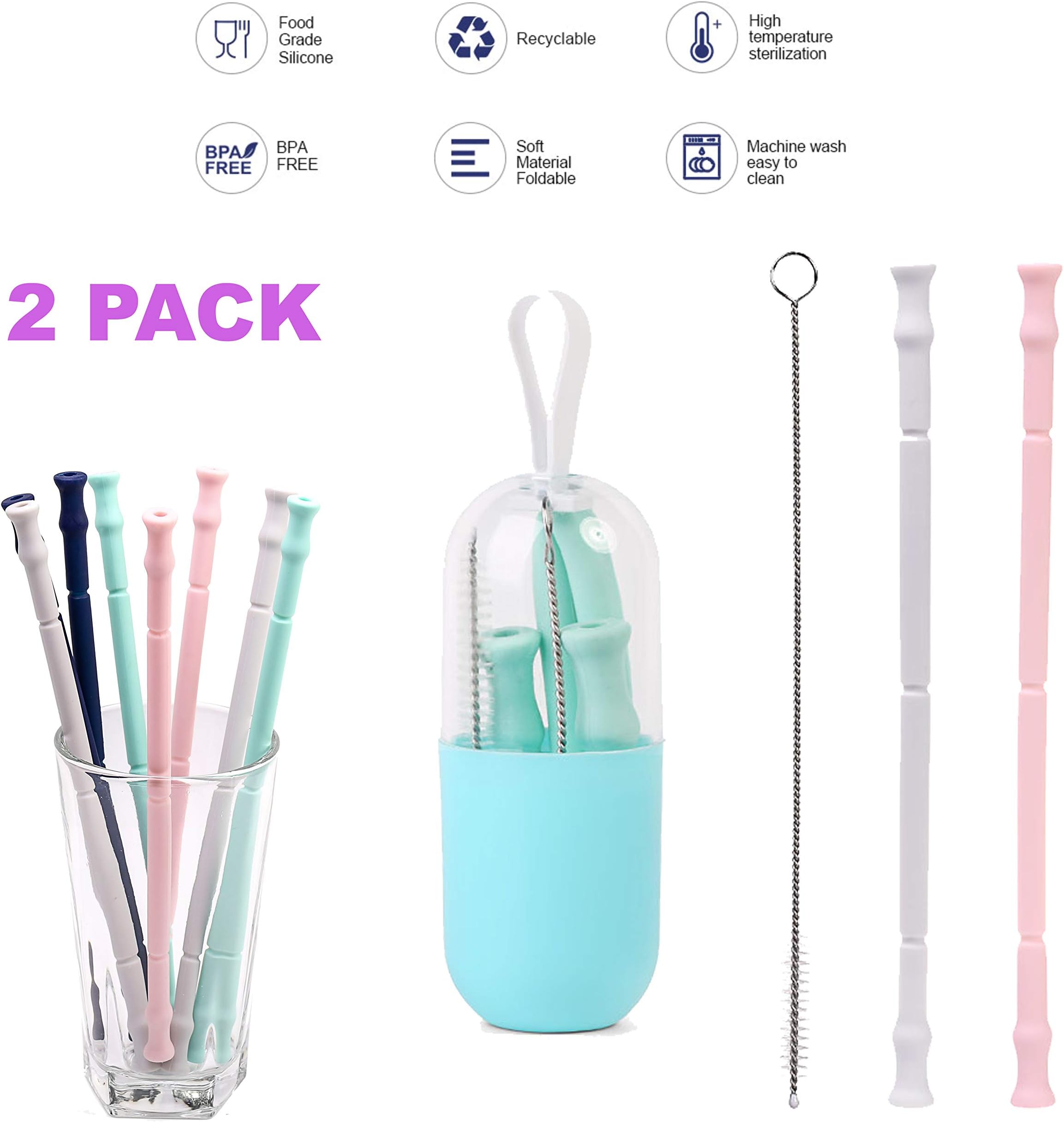 Reusable Silicone Straws with Brush & Case (2 Pack) | Collapsible | Travel Straw | Dishwasher Safe | BPA Free Silicone | Say NO to Plastic!