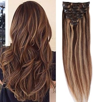 Extension A Clip Cheveux Naturel Rajout 100 Cheveux Humains Vrai Cheveux 8 Meches Volume De Base 4 27 Marron Chocolat Meche Blond Fonce 25cm 50g Amazon Fr Beaute Et Parfum