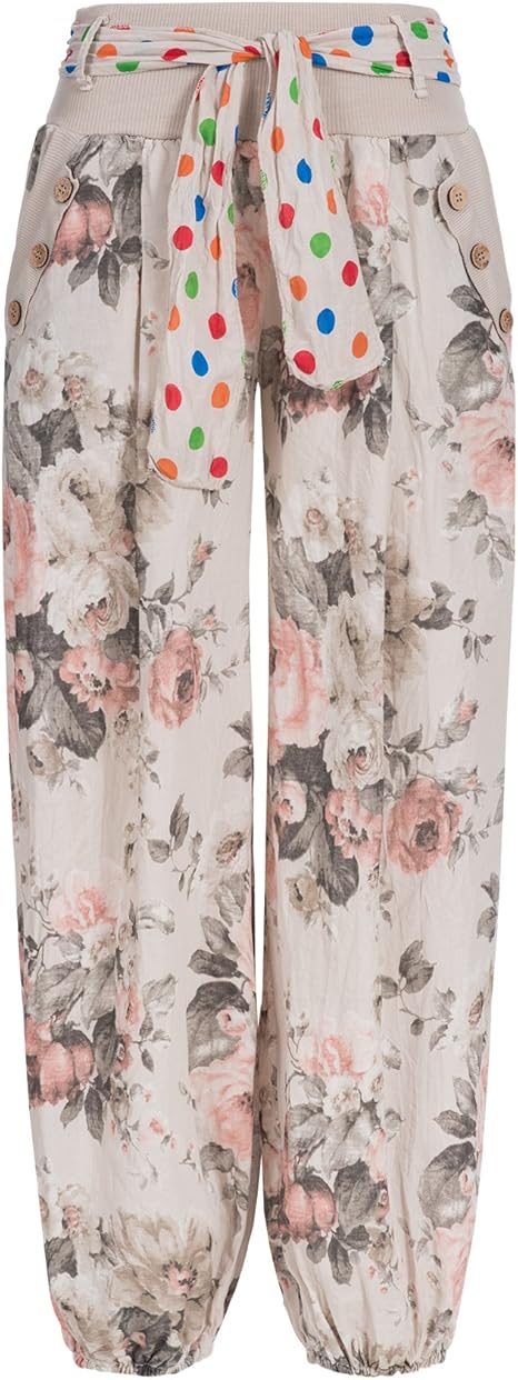 Zarlena Damen Pumphose Stoffhose Pluderhose Aladinhose Haremshose Sommerhose Floral Blumen Muster One Size Beige 3013 Amazon De Bekleidung
