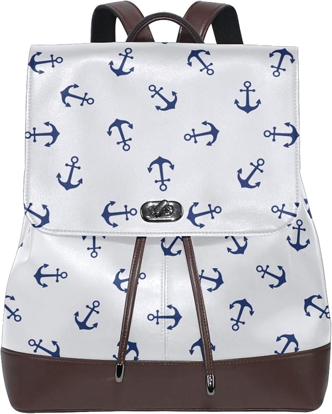 Shoulder Rucksack PU Leather Backpack Purse Nautical Themed Anchors