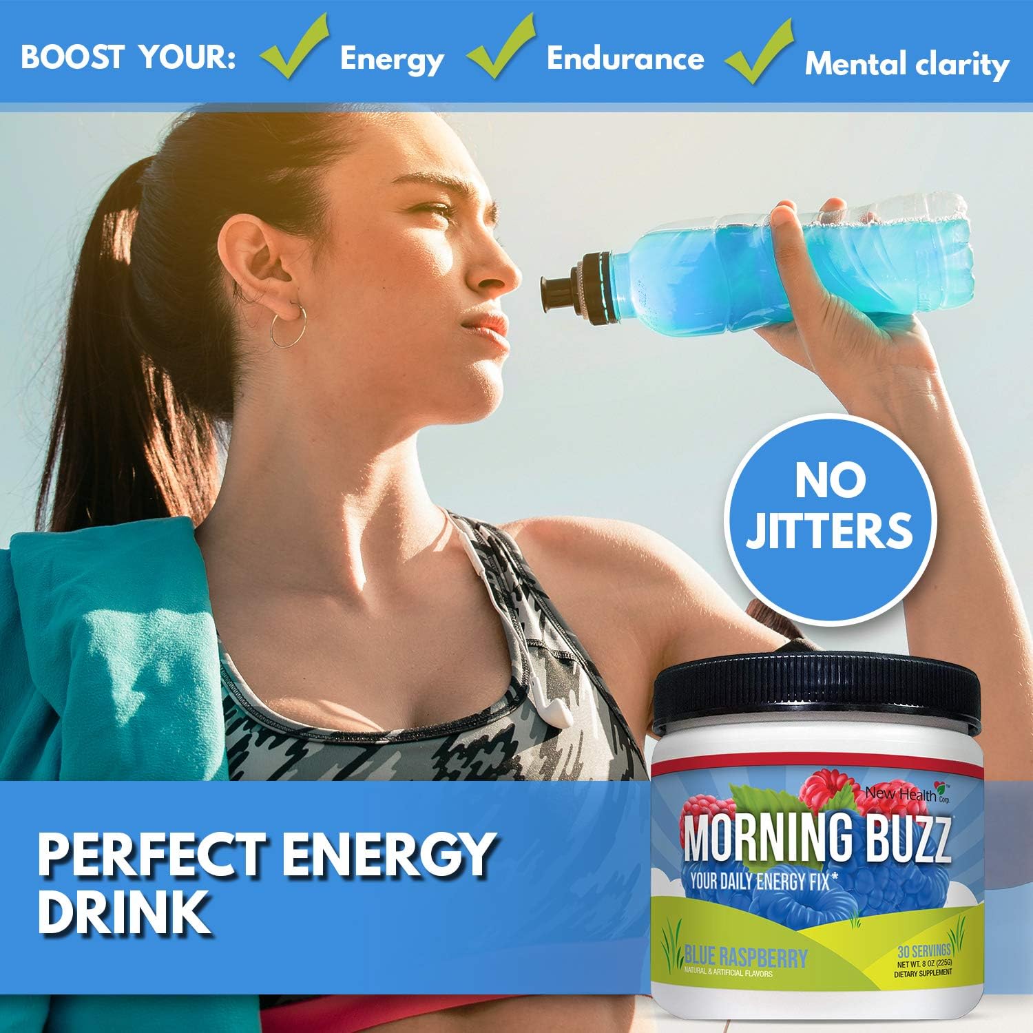 Morning Buzz Sports Energy Drink Mix by New Health, Pre Workout, Sports Nutrition Drink, Supports Lasting Energy, Endurance, Mental Clarity, and Metabolism, 8 Ounce Powder, 30 Servings(Blue Raspberry): Health & Personal Care
