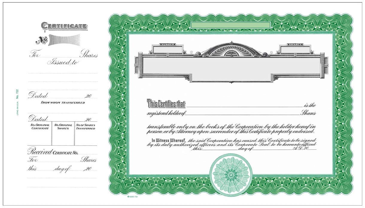 Goes 722 Stock Certificate with Shares Text | Pack of 100
