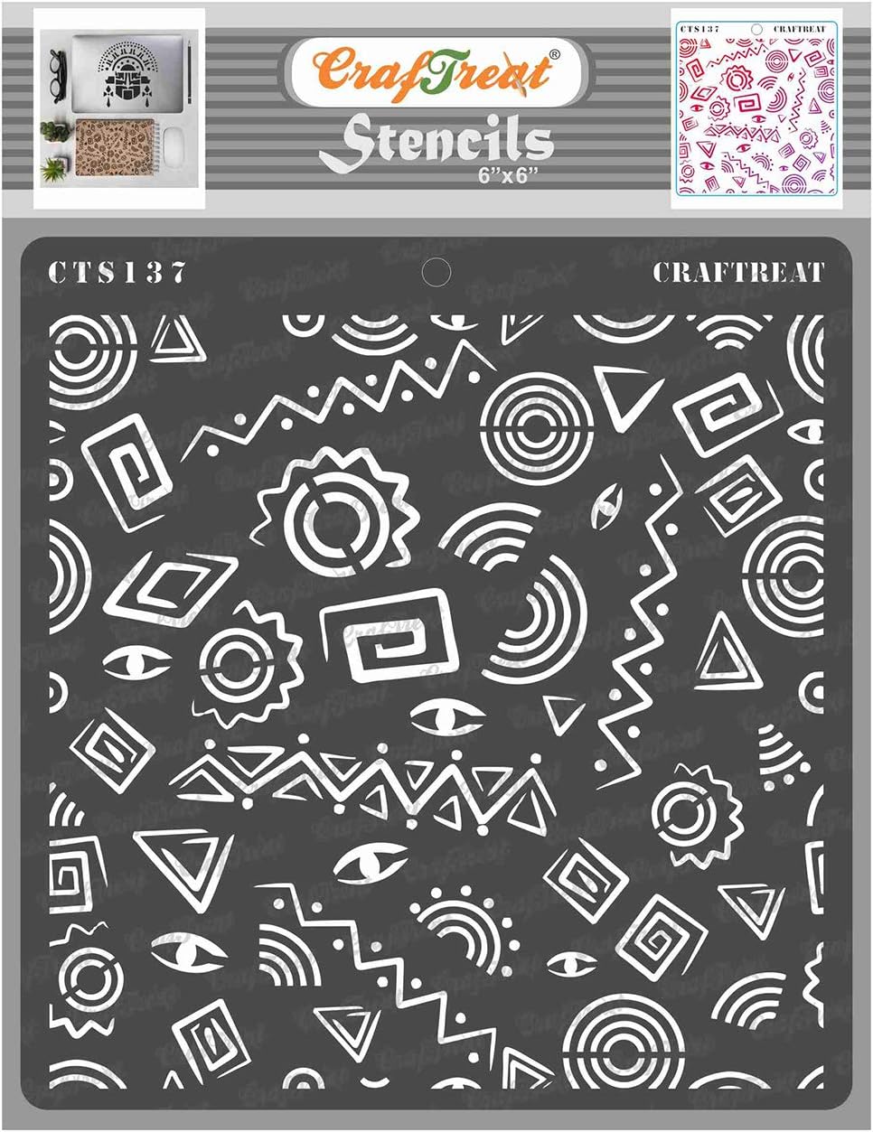 CrafTreat Tribal Stencils for Painting on Wood, Wall, Tile, Canvas, Paper, Fabric and Floor - Folk Art Background - 6x6 Inches - Reusable DIY Art and Craft Stencils - Folk Art Stencil