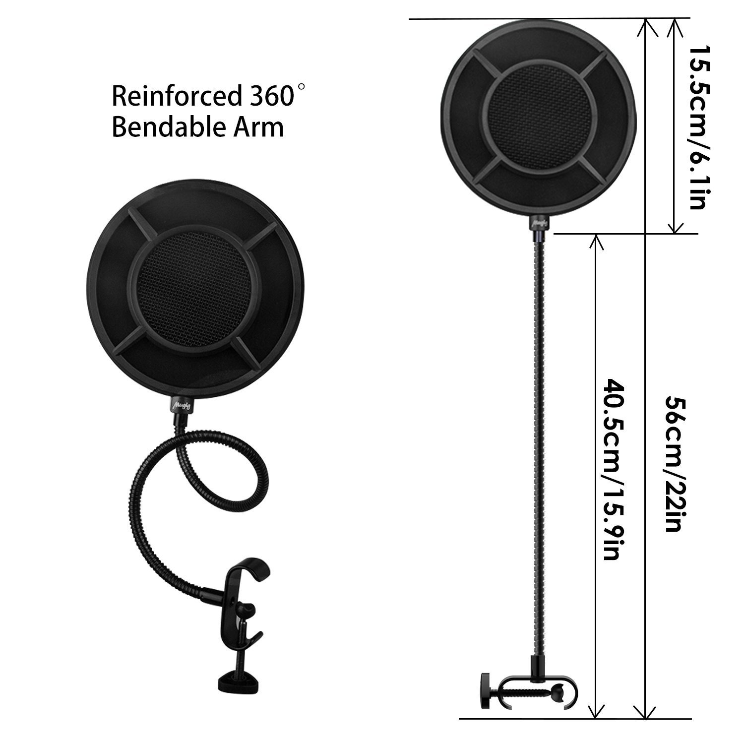Mugig Round Pop Filter Microphone Wind Screen Pop Filter Pop Shield with Stand Clip Round Black