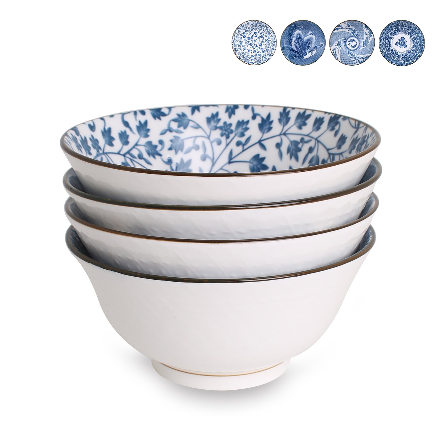 YALONG 20Ounce Cereal Bowls for Soup Salad,Assorted Designs Blue and White Patterns Set of 4,6