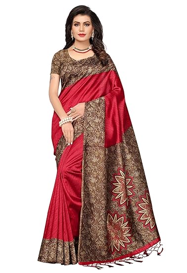 Poly Silk Red Printed Womens Saree With Tassels