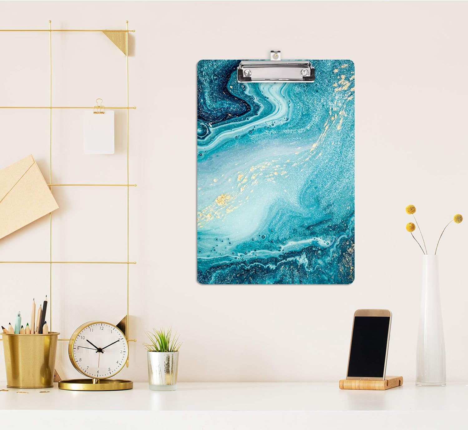 Hongri Clipboard, Fashion Design Letter Size Wooden Clipboards for Students, Women, Man and Kids, Cute Custom Pattern, A4 Standard Size 9" x 12.5" with Low Profile Metal Clip, Teal Marble : Office Products