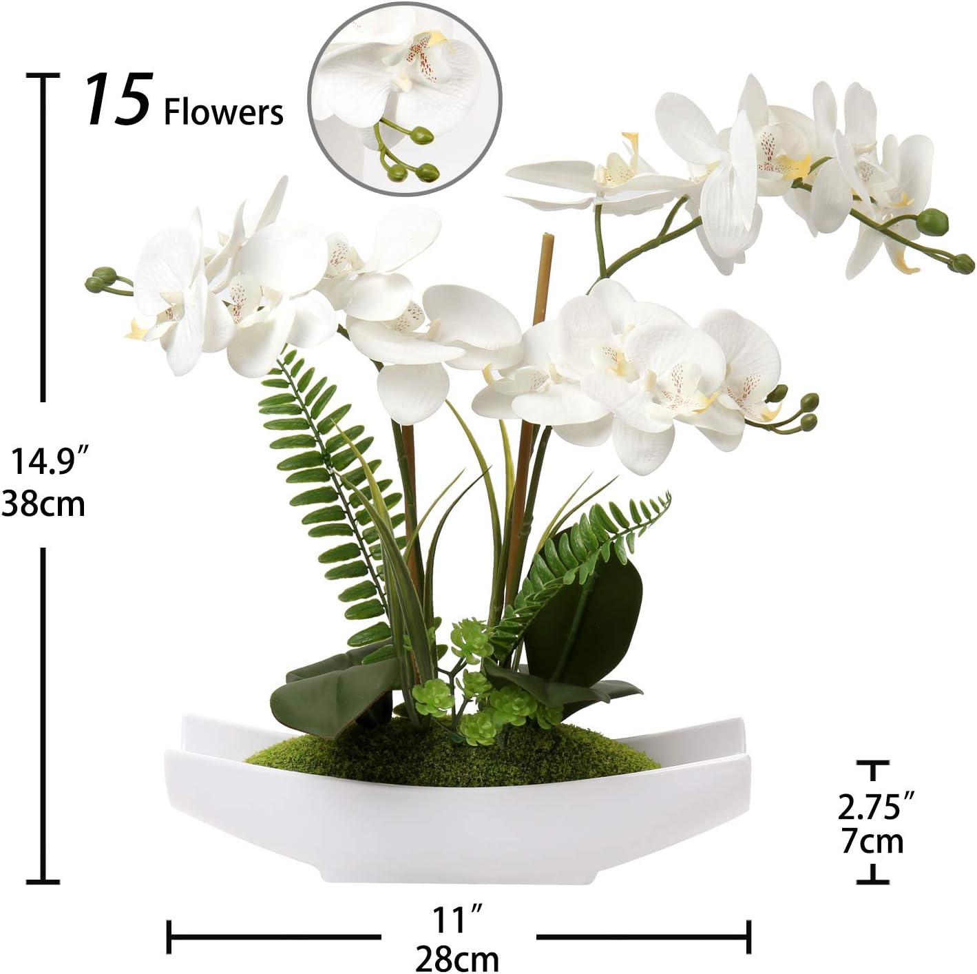 Briful White Orchid Artificial Flowers in Pot, Fake Orchid White Silk Phalaenopsis Flower Arrangement - Image 3