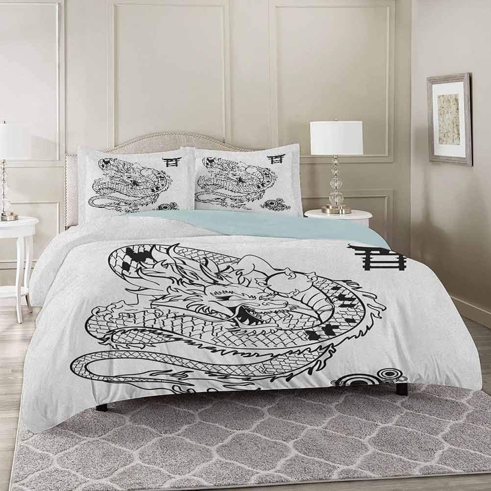 YUAZHOQI Japanese Dragon Duvet Cover 3 Piece Set Full, Tattoo Art Style Mythological Dragon