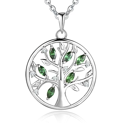 YL Lebensbaum Kette Damen-925 Sterling Silber Halskette mit 5A Zirkonia/Smaragd Stammbaum Anhänger Kette Frauen Mädchen Mutte