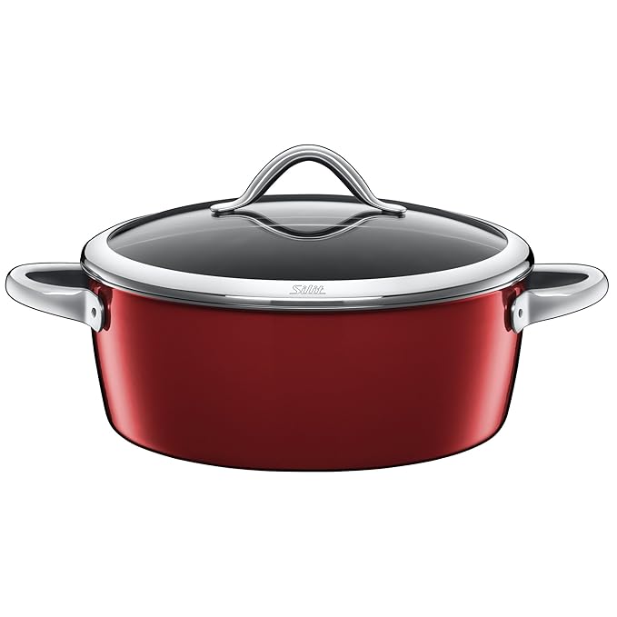 Silit Vitaliano Rosso Schmortopf, mit Glasdeckel, Ø 28 cm, Silargan Funktionskeramik, Schüttrand, induktionsgeeignet, Auslauf